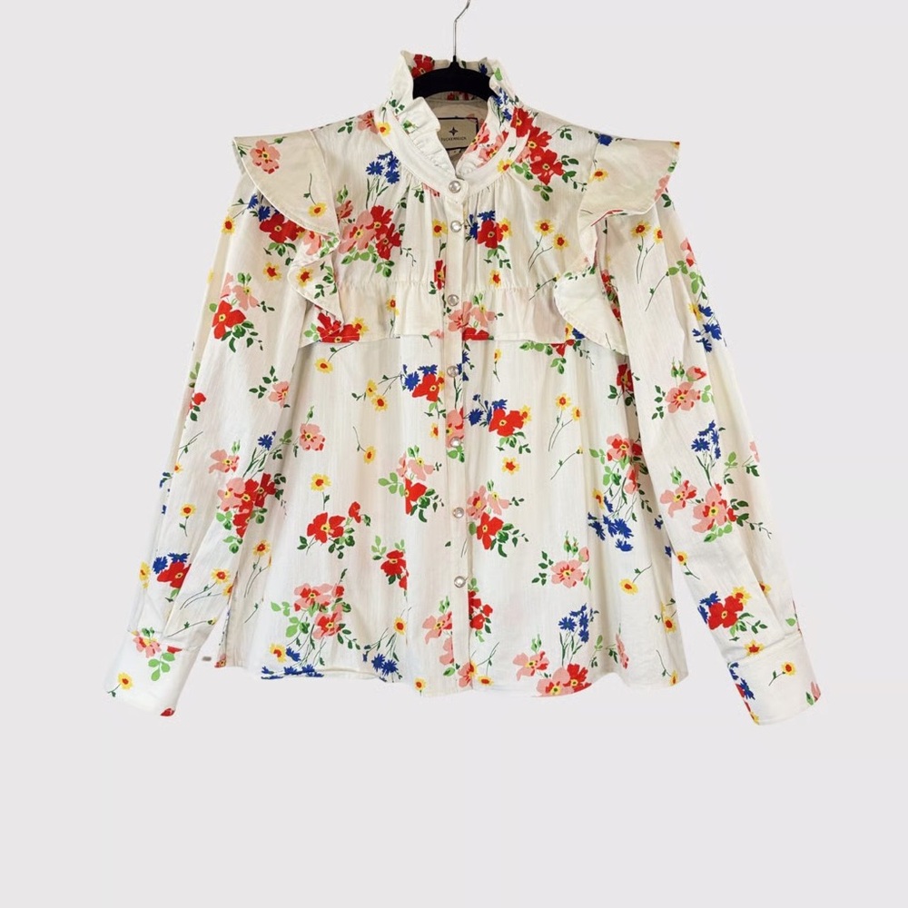 Tuckernuck Floral Ruffle Button-Up Blouse - White with Red & Blue Flowers